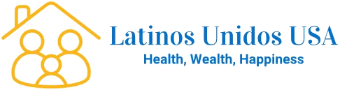 A green banner with the words latinos united health, wealth and life.